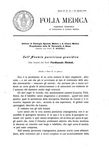 Folia medica periodico trimensile di patologia e clinica medica