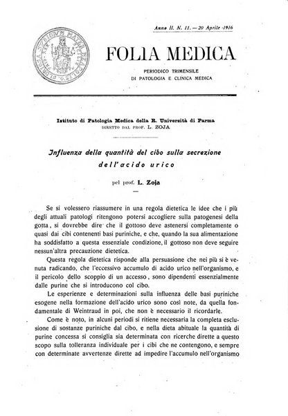 Folia medica periodico trimensile di patologia e clinica medica