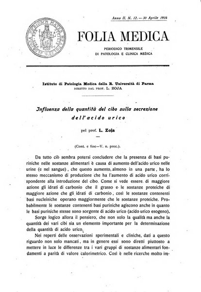 Folia medica periodico trimensile di patologia e clinica medica