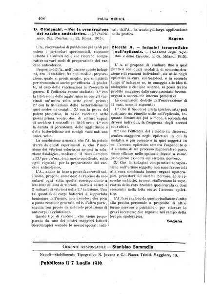 Folia medica periodico trimensile di patologia e clinica medica