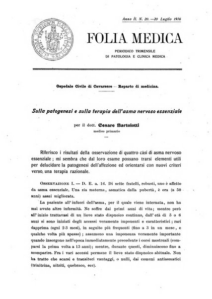 Folia medica periodico trimensile di patologia e clinica medica