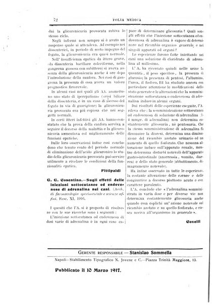 Folia medica periodico trimensile di patologia e clinica medica