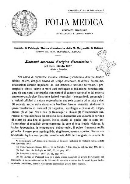 Folia medica periodico trimensile di patologia e clinica medica