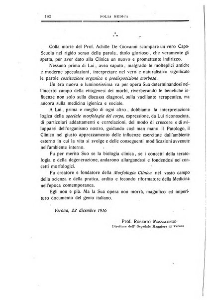 Folia medica periodico trimensile di patologia e clinica medica