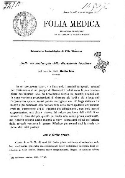 Folia medica periodico trimensile di patologia e clinica medica