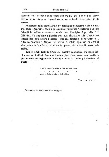 Folia medica periodico trimensile di patologia e clinica medica