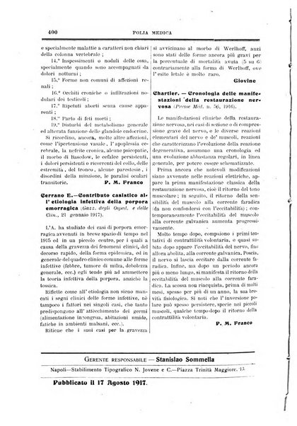 Folia medica periodico trimensile di patologia e clinica medica