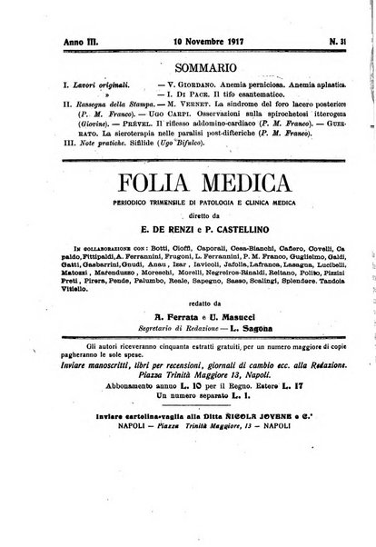 Folia medica periodico trimensile di patologia e clinica medica