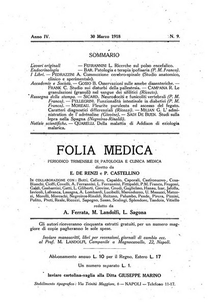 Folia medica periodico trimensile di patologia e clinica medica