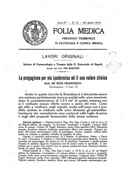 Folia medica periodico trimensile di patologia e clinica medica