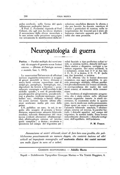 Folia medica periodico trimensile di patologia e clinica medica