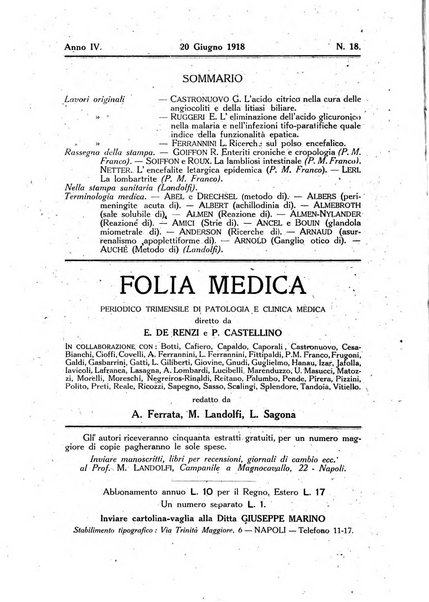 Folia medica periodico trimensile di patologia e clinica medica