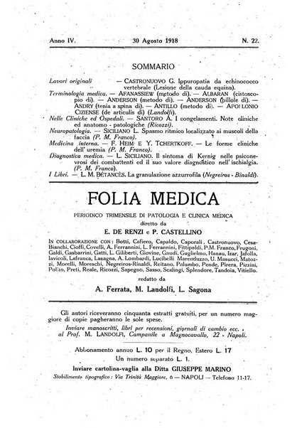 Folia medica periodico trimensile di patologia e clinica medica