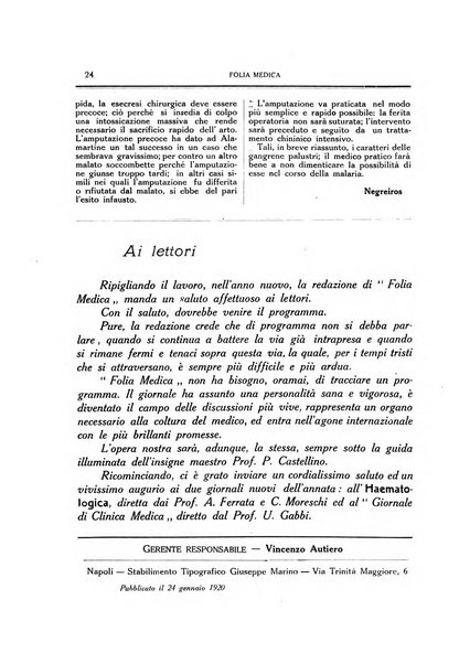 Folia medica periodico trimensile di patologia e clinica medica