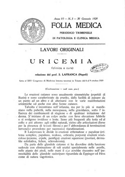 Folia medica periodico trimensile di patologia e clinica medica