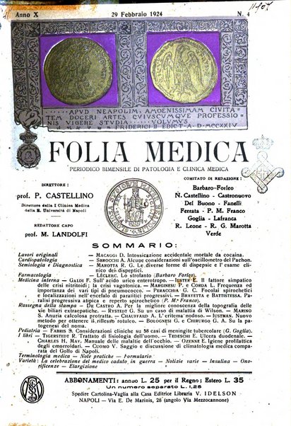 Folia medica periodico trimensile di patologia e clinica medica