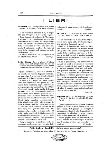 Folia medica periodico trimensile di patologia e clinica medica