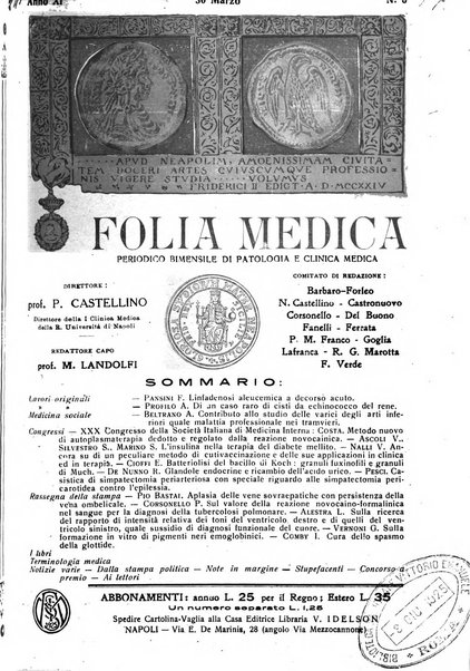 Folia medica periodico trimensile di patologia e clinica medica