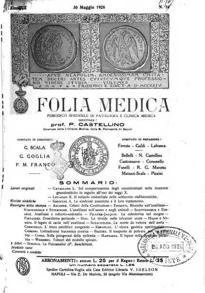 Folia medica periodico trimensile di patologia e clinica medica