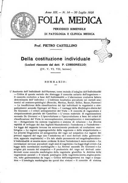 Folia medica periodico trimensile di patologia e clinica medica