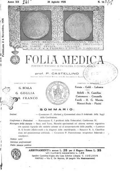 Folia medica periodico trimensile di patologia e clinica medica