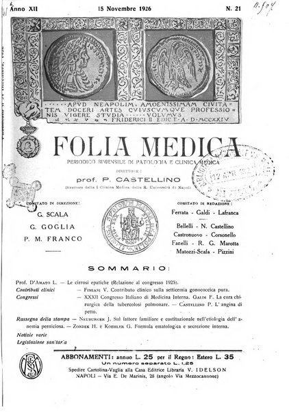 Folia medica periodico trimensile di patologia e clinica medica