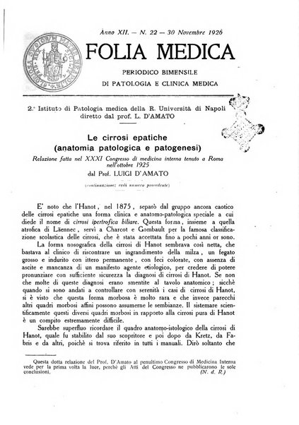 Folia medica periodico trimensile di patologia e clinica medica