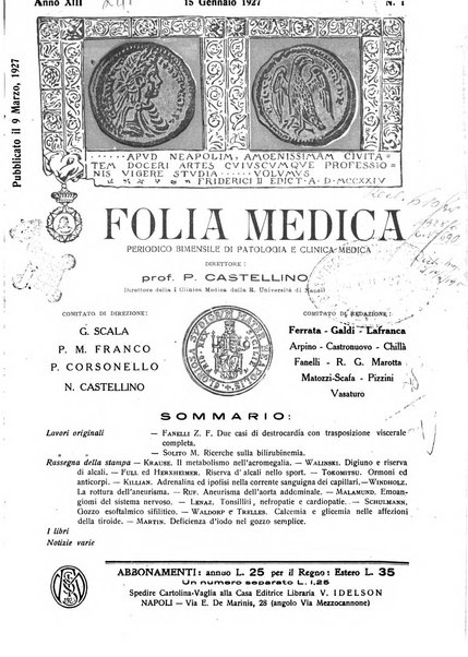 Folia medica periodico trimensile di patologia e clinica medica