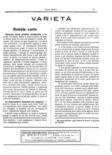 Folia medica periodico trimensile di patologia e clinica medica