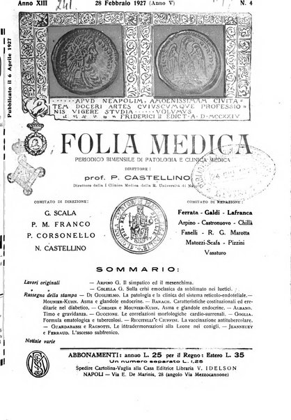 Folia medica periodico trimensile di patologia e clinica medica