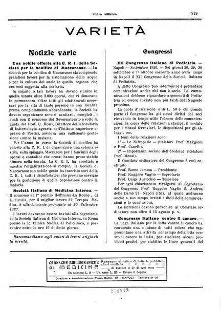 Folia medica periodico trimensile di patologia e clinica medica