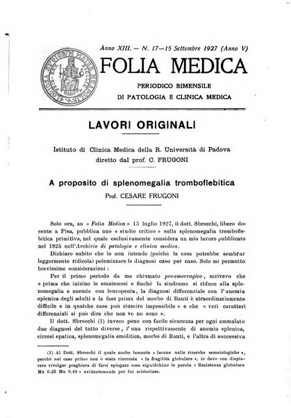 Folia medica periodico trimensile di patologia e clinica medica