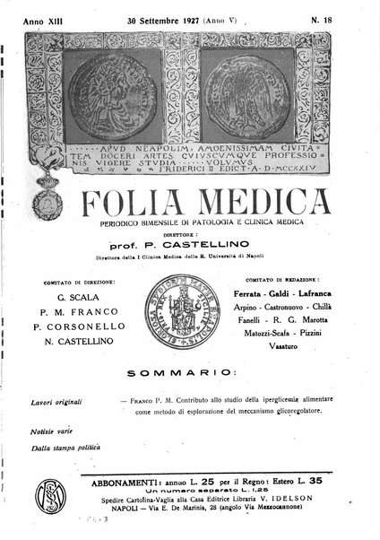 Folia medica periodico trimensile di patologia e clinica medica