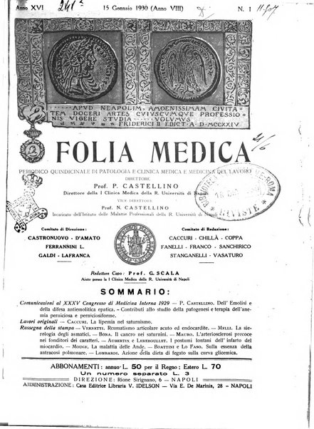 Folia medica periodico trimensile di patologia e clinica medica