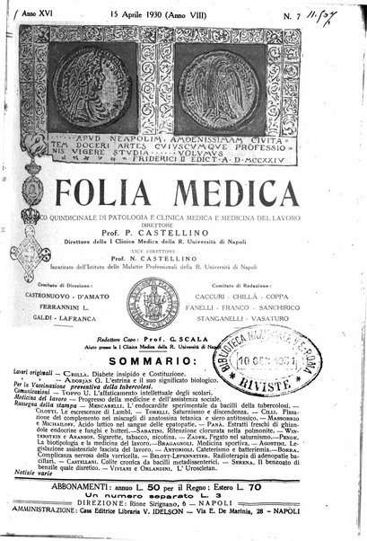 Folia medica periodico trimensile di patologia e clinica medica