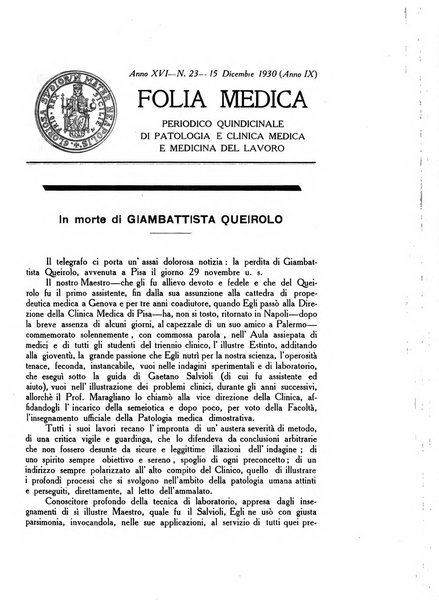 Folia medica periodico trimensile di patologia e clinica medica