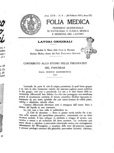 Folia medica periodico trimensile di patologia e clinica medica