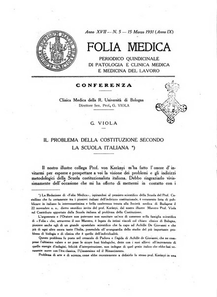 Folia medica periodico trimensile di patologia e clinica medica