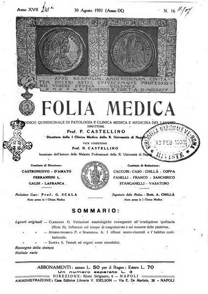 Folia medica periodico trimensile di patologia e clinica medica