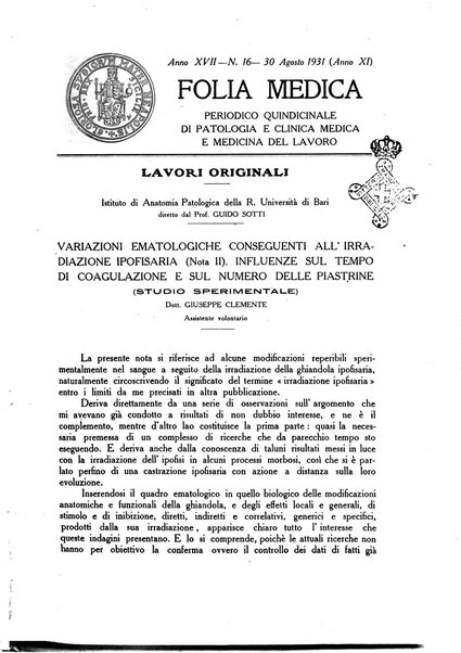 Folia medica periodico trimensile di patologia e clinica medica