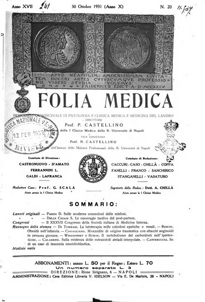 Folia medica periodico trimensile di patologia e clinica medica