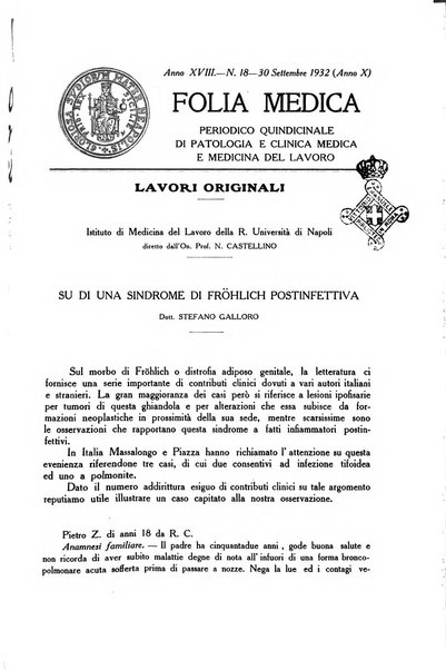 Folia medica periodico trimensile di patologia e clinica medica