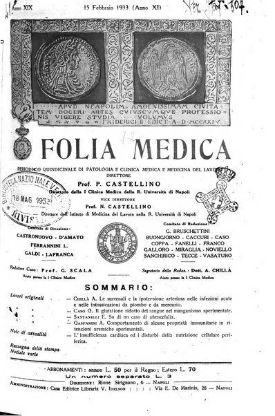 Folia medica periodico trimensile di patologia e clinica medica