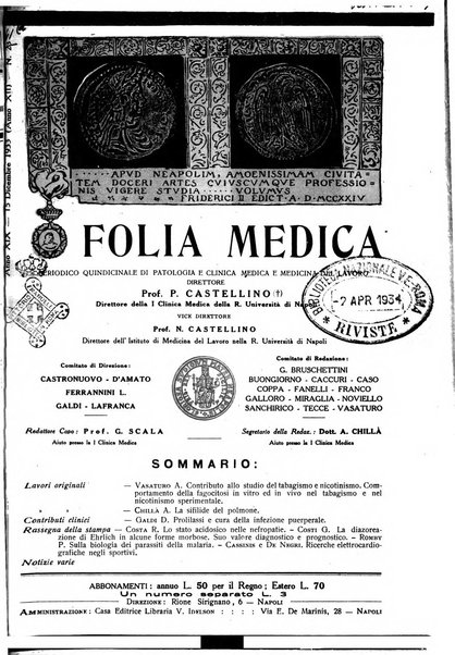 Folia medica periodico trimensile di patologia e clinica medica