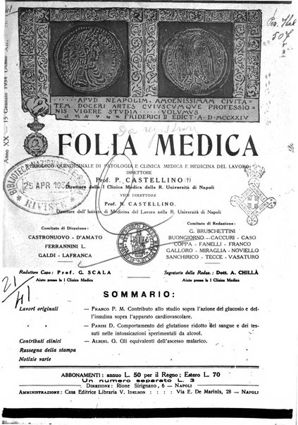 Folia medica periodico trimensile di patologia e clinica medica