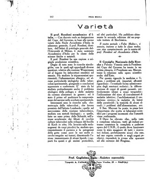 Folia medica periodico trimensile di patologia e clinica medica