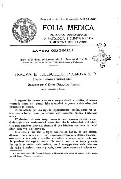 Folia medica periodico trimensile di patologia e clinica medica