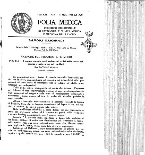 Folia medica periodico trimensile di patologia e clinica medica