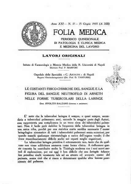 Folia medica periodico trimensile di patologia e clinica medica