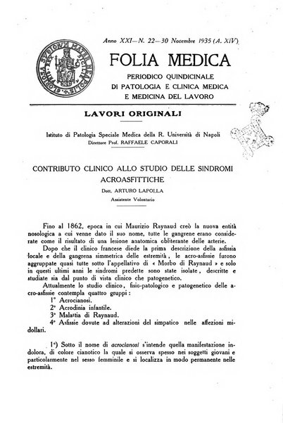 Folia medica periodico trimensile di patologia e clinica medica